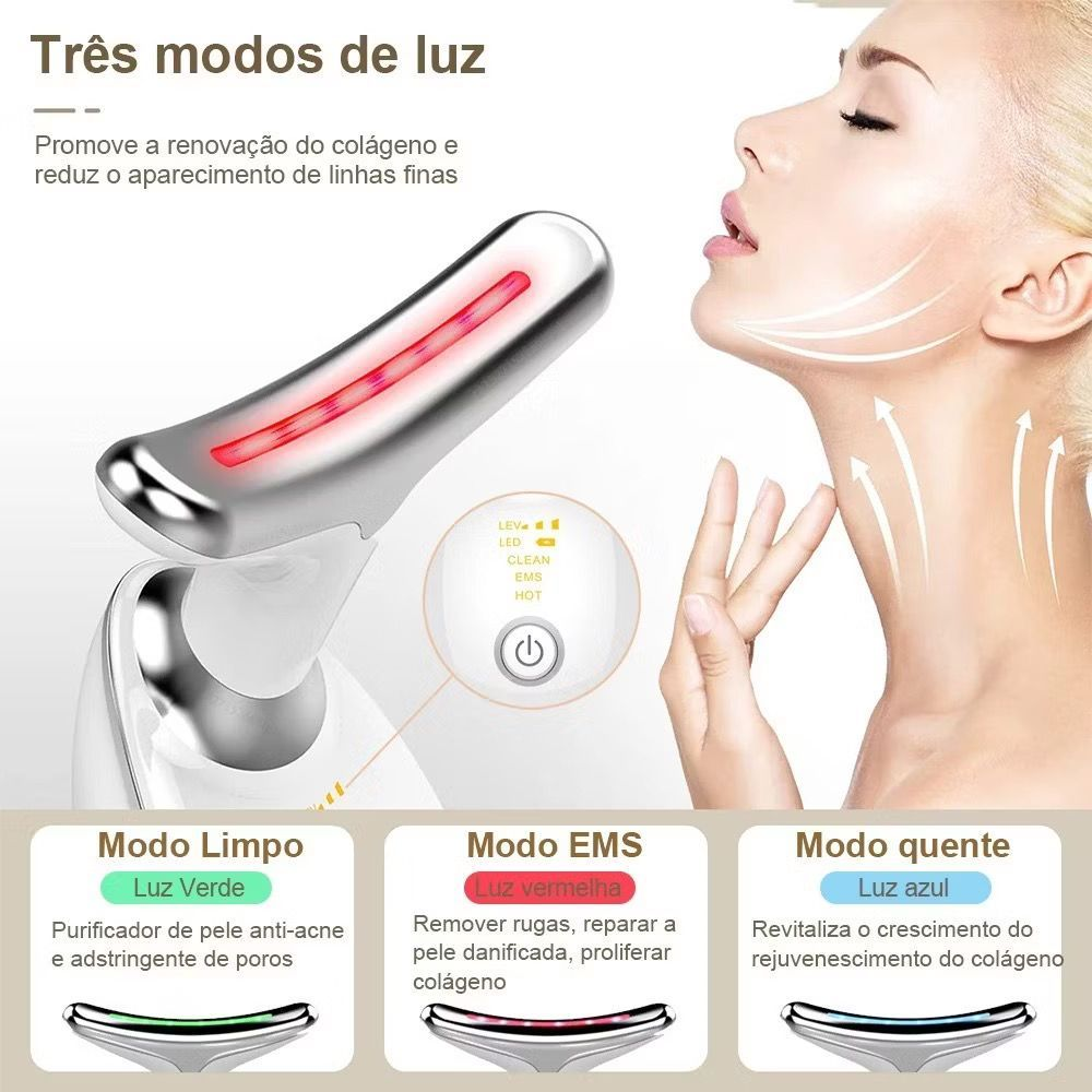 Massageador Portátil com Luz LED Vermelha/Azul/Verde - Redução Rugas e Estímulo Colágeno Facial